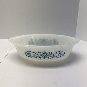 Glasbake Vintage J-235 Casserole Dish 1Qt Navy Blue Flower Pattern Microwaveable